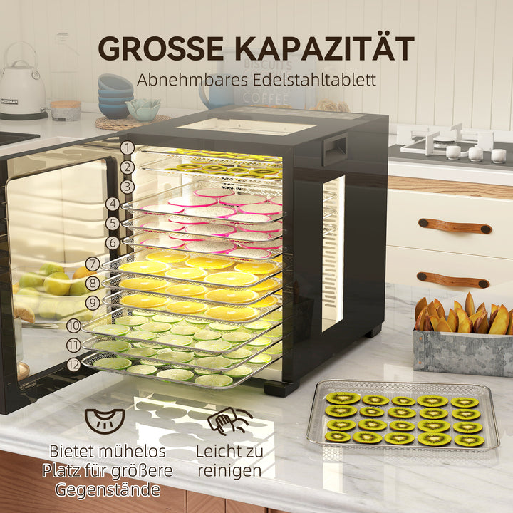 Mad-dehydrator, 850 w, 40-70°c temperaturkontrol, 48-timers timer, 12 bakker, rustfrit stål, sort