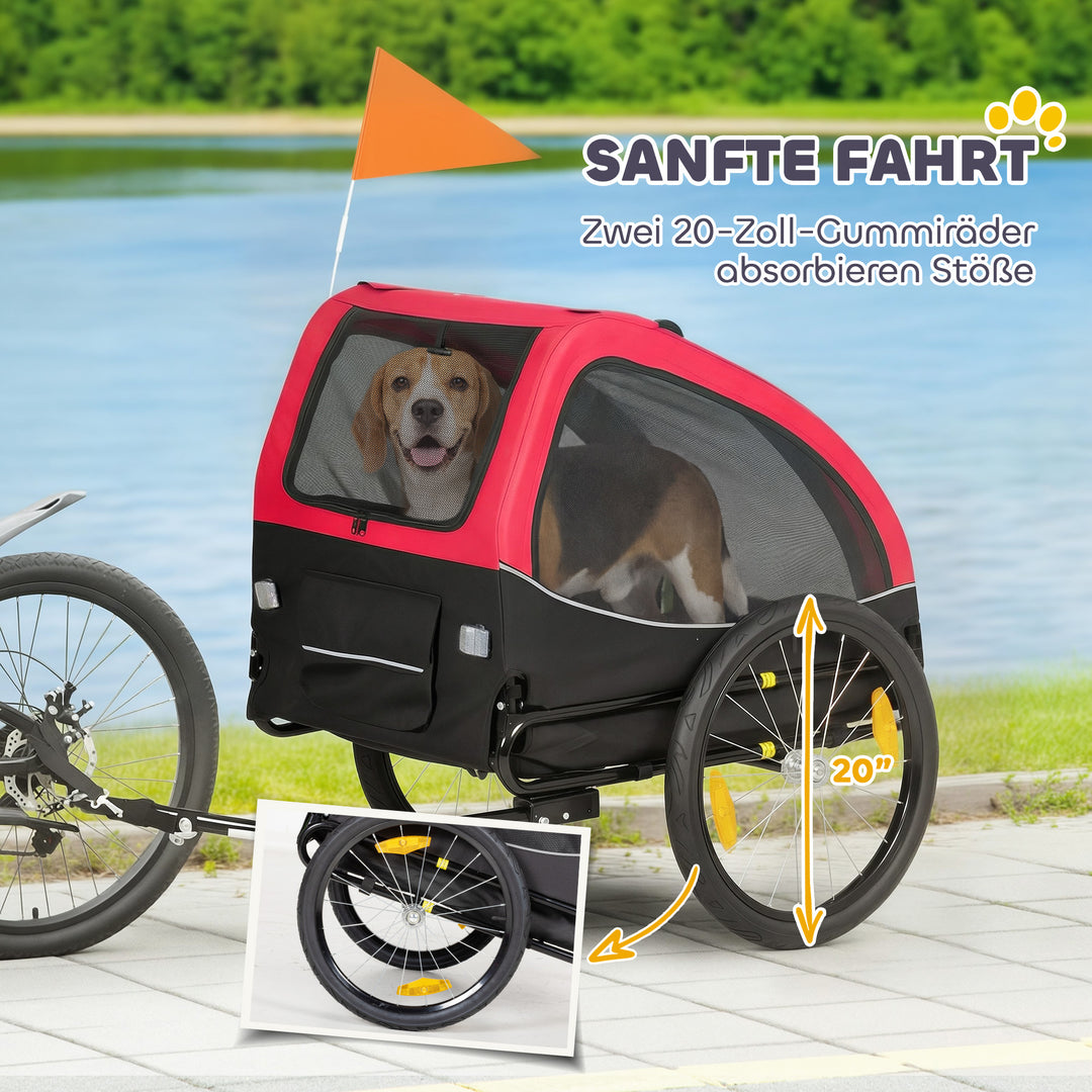 Sammenklappelig hundetrailer med reflekser, netvindue, hjul, dør, sikkerhedsflag til hunde op til 20 kg, 138x70x89 cm, rød