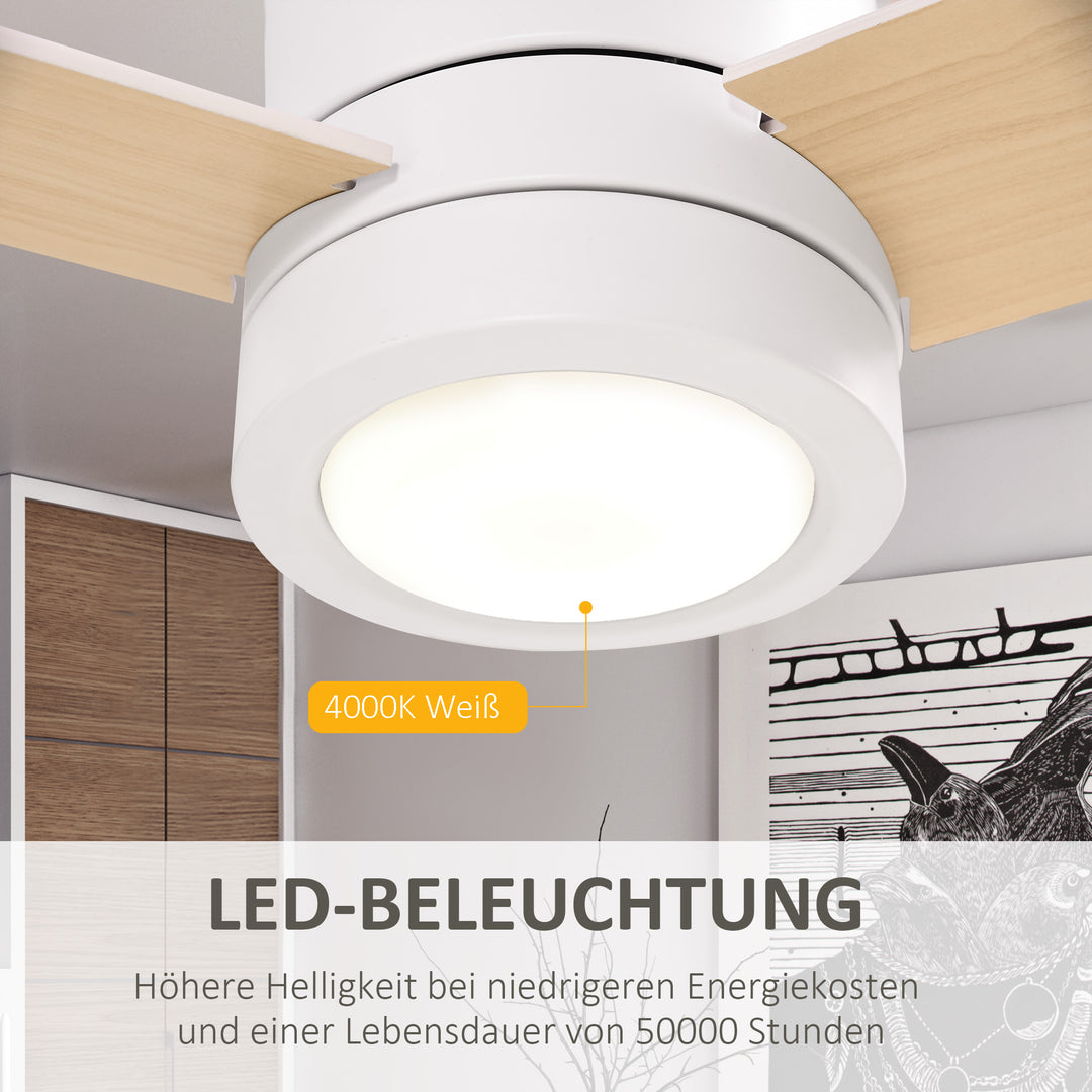 Loftventilator med LED-lys, 2-i-1-design, med timer, fjernbetjening, loftslampe med ventilator, hvid + naturtræ