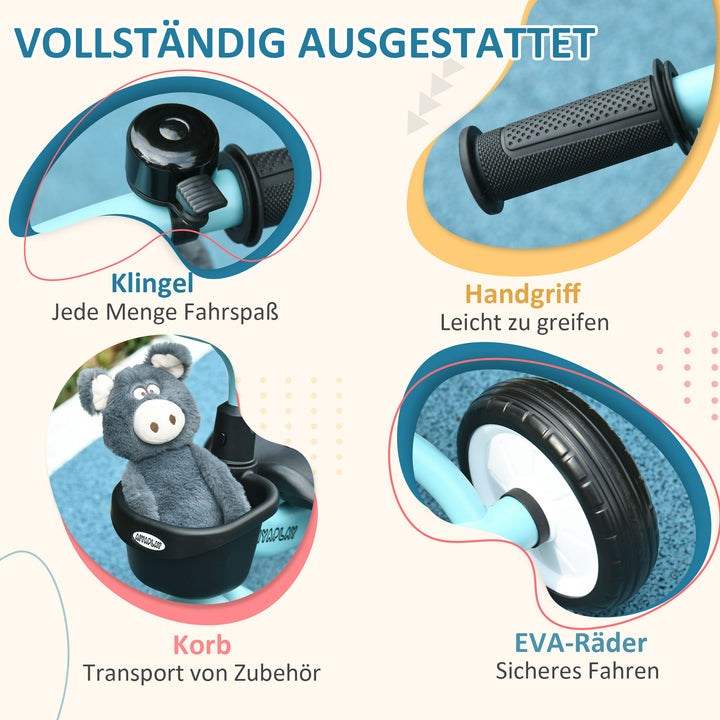 Trehjulet cykel til børn 2-5 år, højdejusterbart sæde, ringeklokke, cykelkurv, metalstel, blå