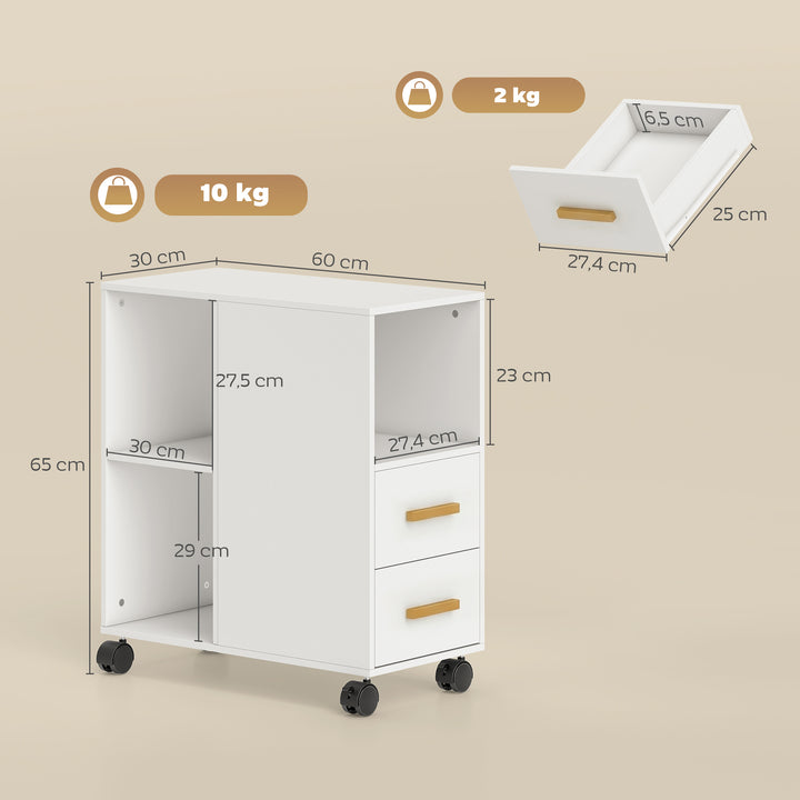 Printerstativ/bord med justerbar hylde, hjul til fax og scanner, 60 x 30 x 65 cm, hvid