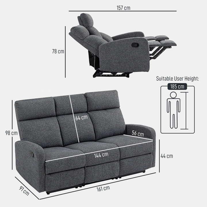 3-personers sofa, individuelt justerbare ryglæn, fodstøtte, stofbetræk, metal, grå