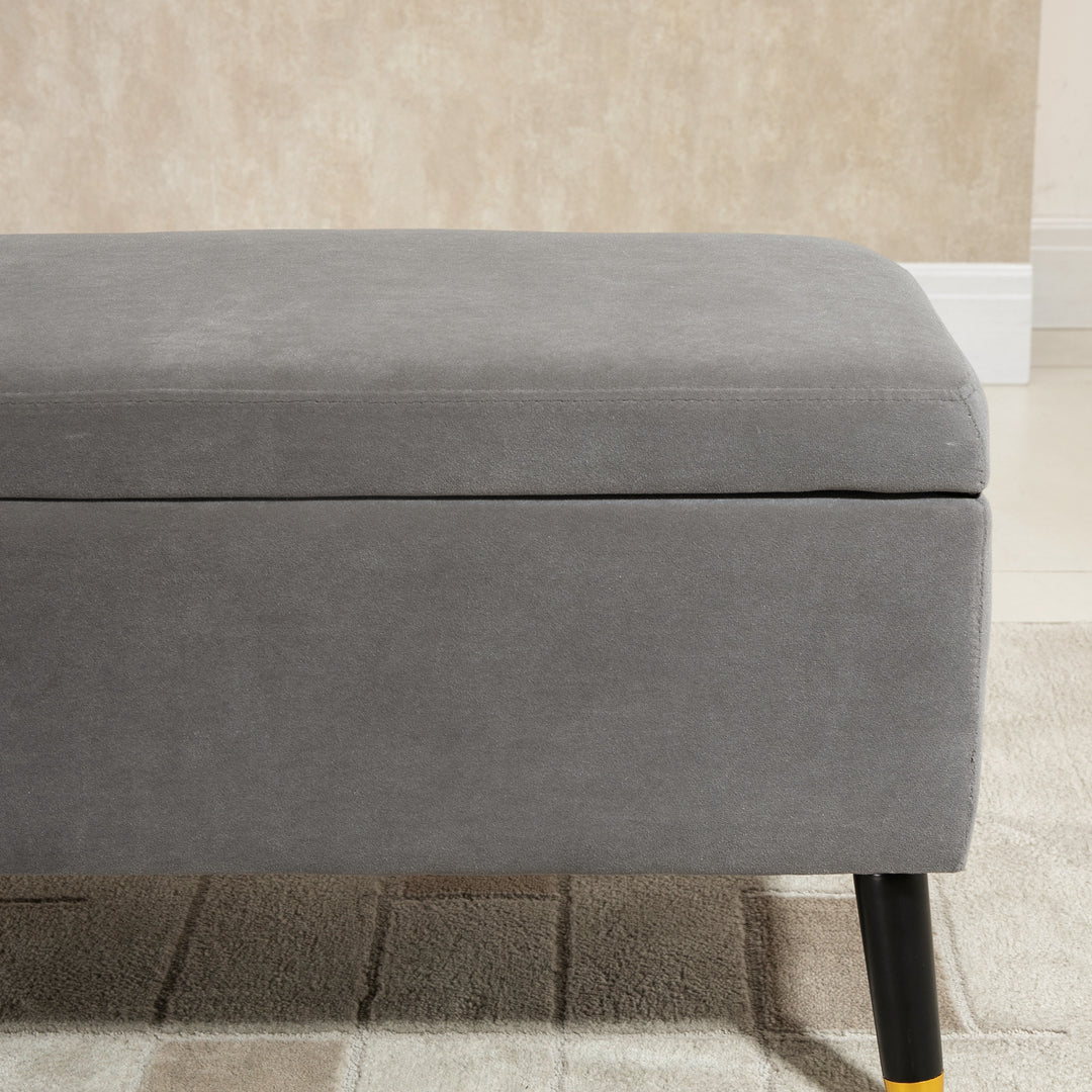 Bænk, polstret bænk med opbevaring, kommodebænk, metal, skum, gummitræ, antracitgrå, 110 x 43 x 45 cm