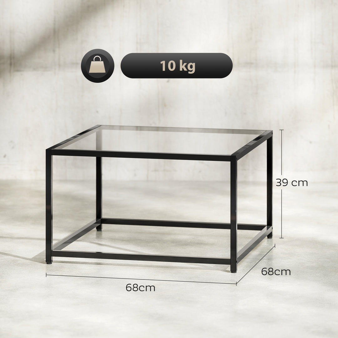 Firkantet sidebord/natbord med bordplade i hærdet glas, sofabord med stålben, 68 x 68 x 39 cm, sort
