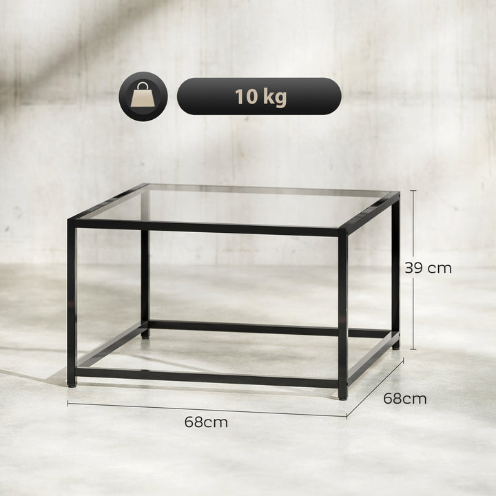Firkantet sidebord/natbord med bordplade i hærdet glas, sofabord med stålben, 68 x 68 x 39 cm, sort