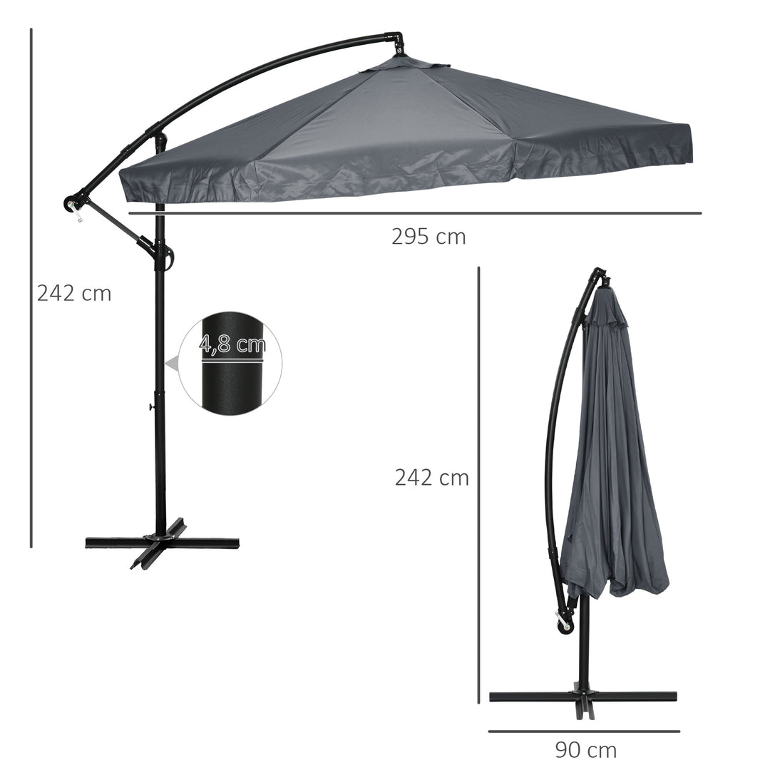 Fritstående parasol Ø3m, drejelig, håndsving, rustfrit stål, polyester, mørkegrå/sort