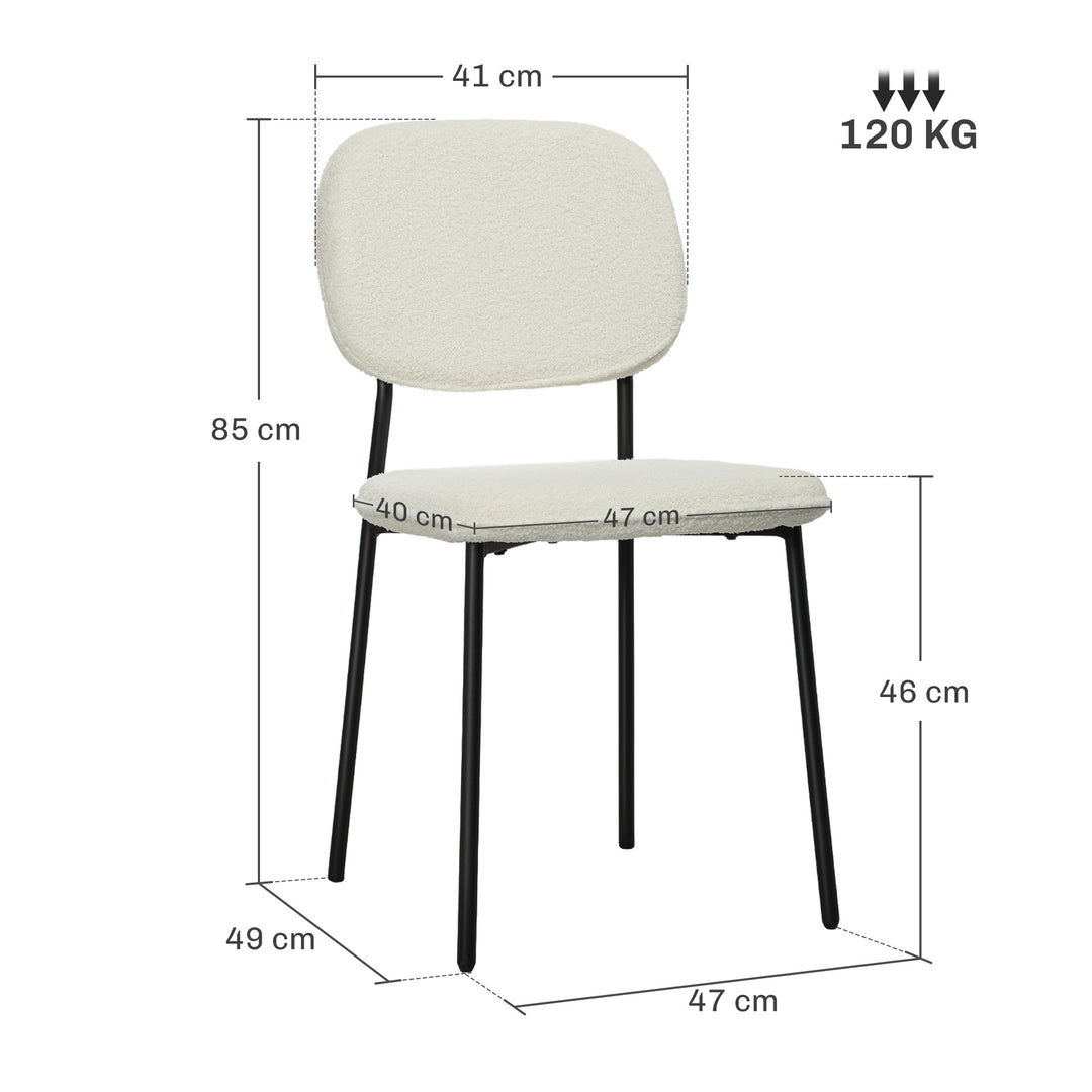 Sæt med 4 spisestole, blødt stofbetræk, stålben, armløs design, hvid