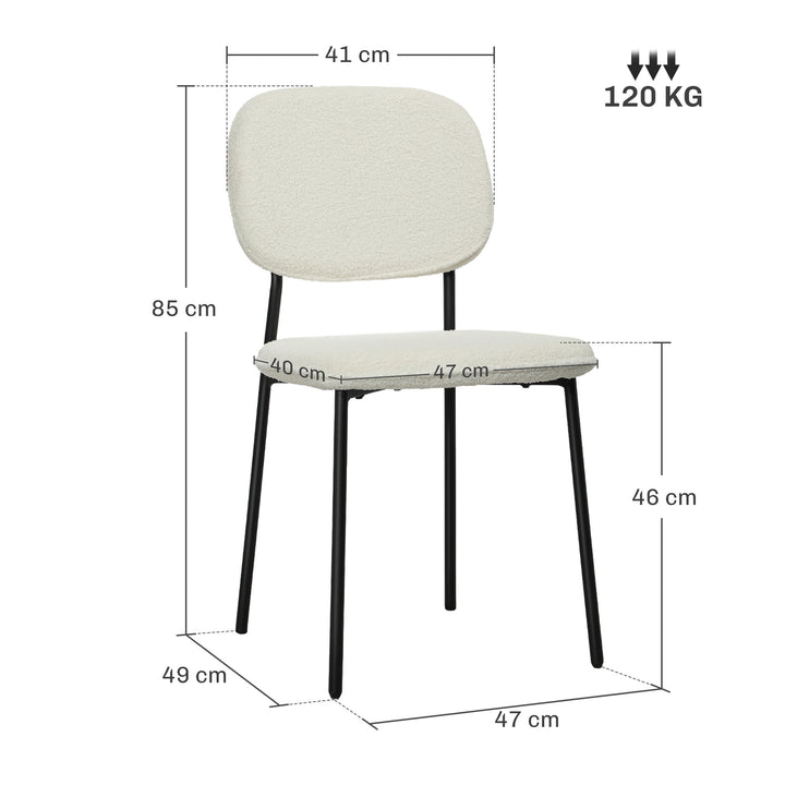 Sæt med 4 spisestole, blødt stofbetræk, stålben, armløs design, hvid
