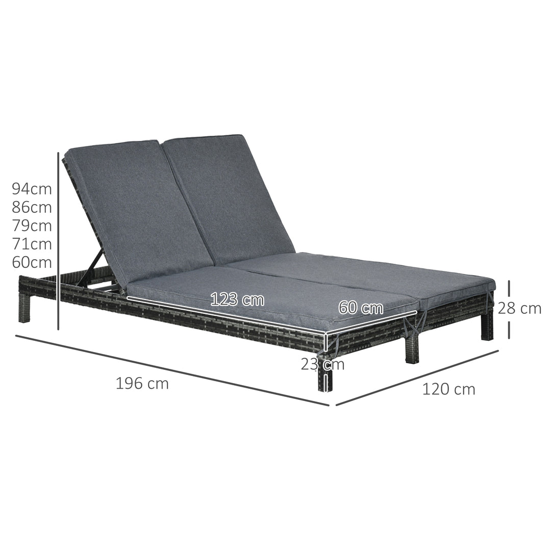 Dobbelt liggestol i polyrattan, havestol til 2 personer, afslapningsstol, luksuslounge, ryglæn med 5 positioner, metal, PE-rattan, grå, 196 x 120 x 28 cm