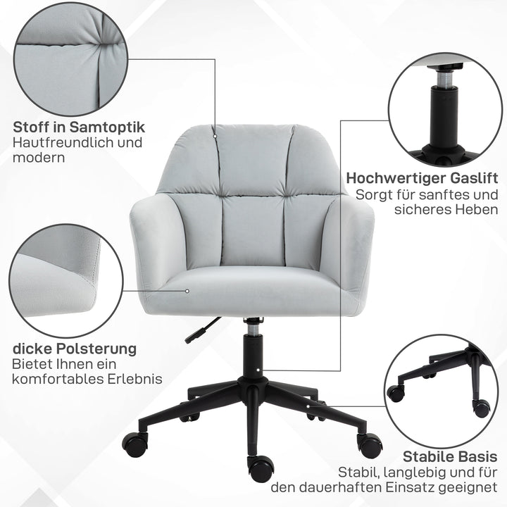 Kontorstol, ergonomisk, højdejusterbar, drejelig, fløjlslook, op til 120 kg, lysegrå