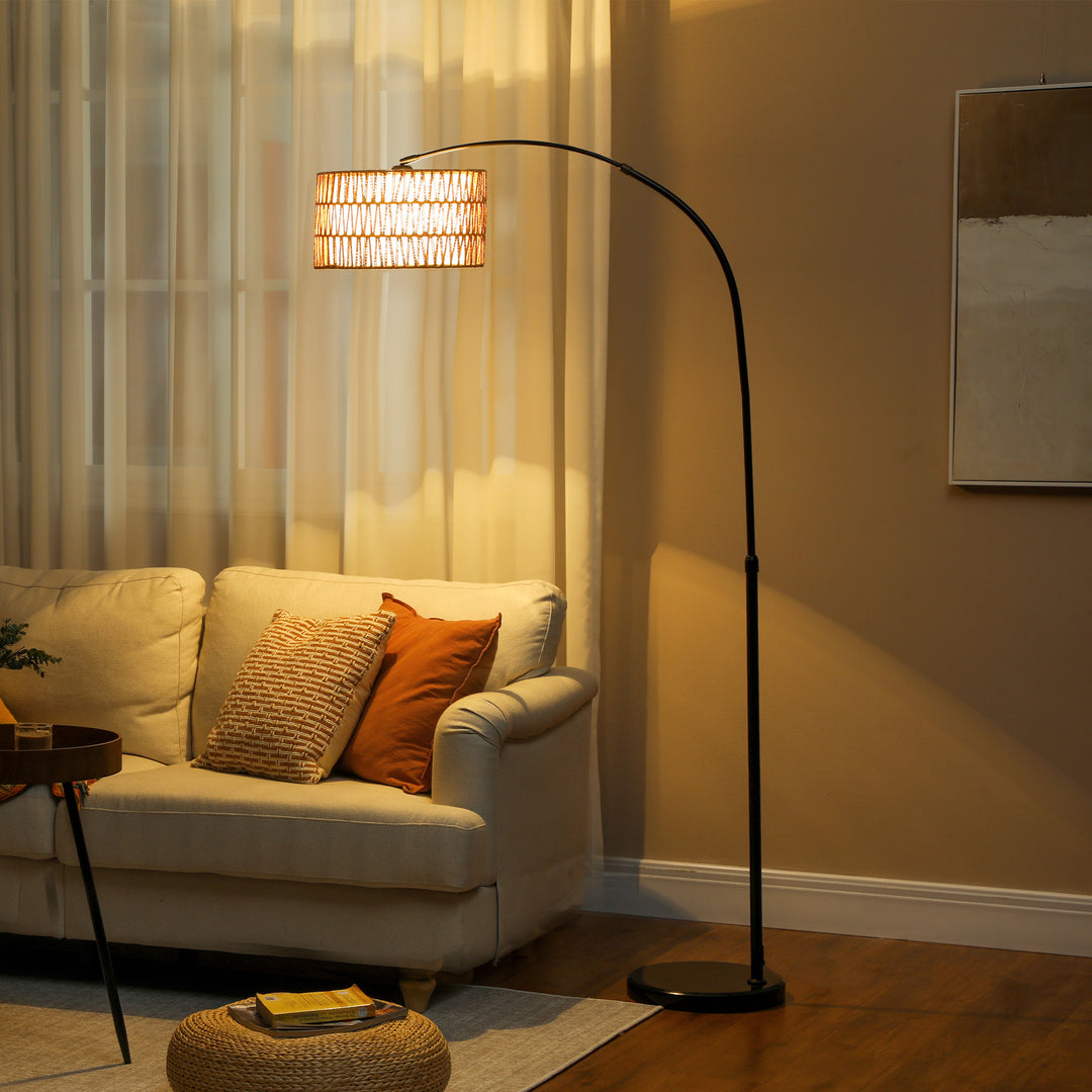 Gulvlampe med hamprebskærm, højdejusterbar, fodkontakt, metal, sort
