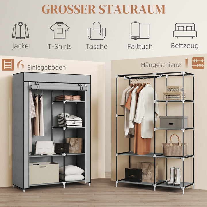 Stofgarderobe, opbevaringsløsning, 6 hylder, 1 garderobestang, lysegrå