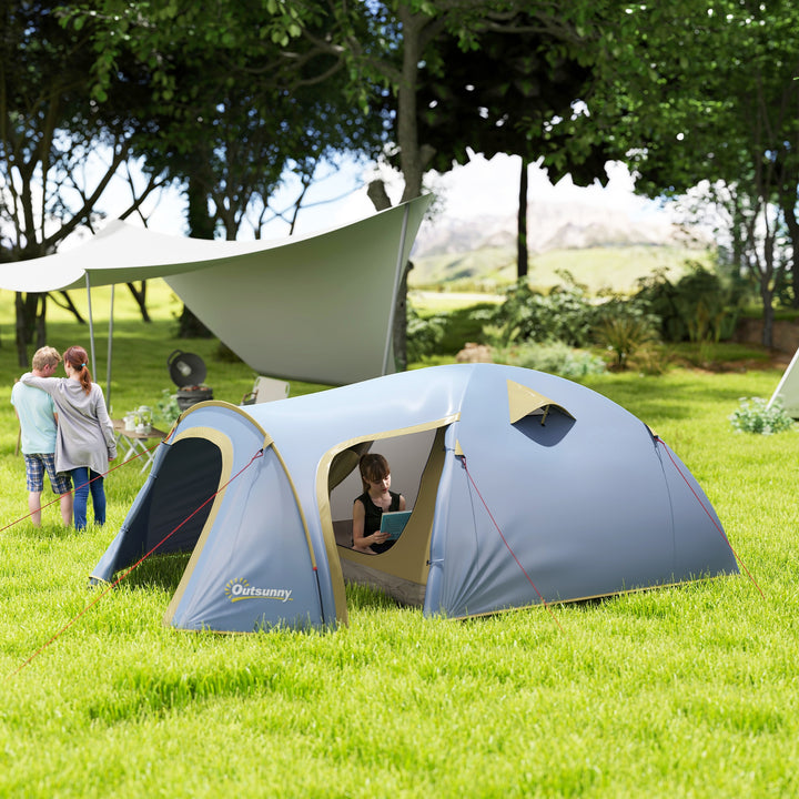 Campingtelt til 4 personer, vandtæt tunneltelt med 2 døre, kroge, pakkepose, 3,45 x 2,4 x 1,3 m, lyseblå