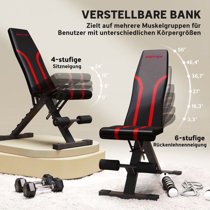 Sammenklappelig træningsbænk, ryglæn med 6 positioner, sæde med 4 positioner, metal, polstret, sort