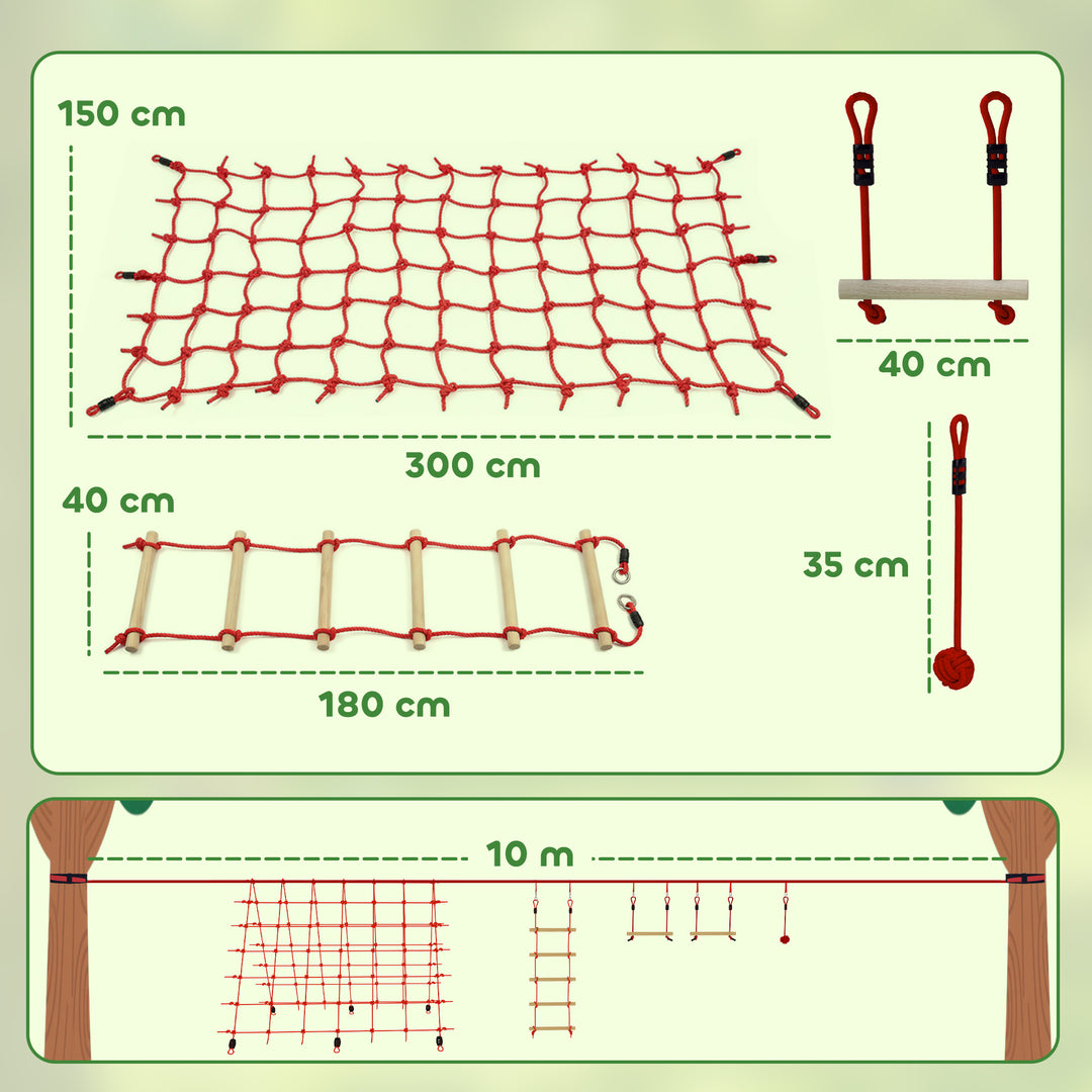 Ninja Line Kids 10m Slackline Sæt med Gymnastikringe, Gynge, Klatrestige, Klatrenet til 3-6 år, 1000x300x180 cm, Rød