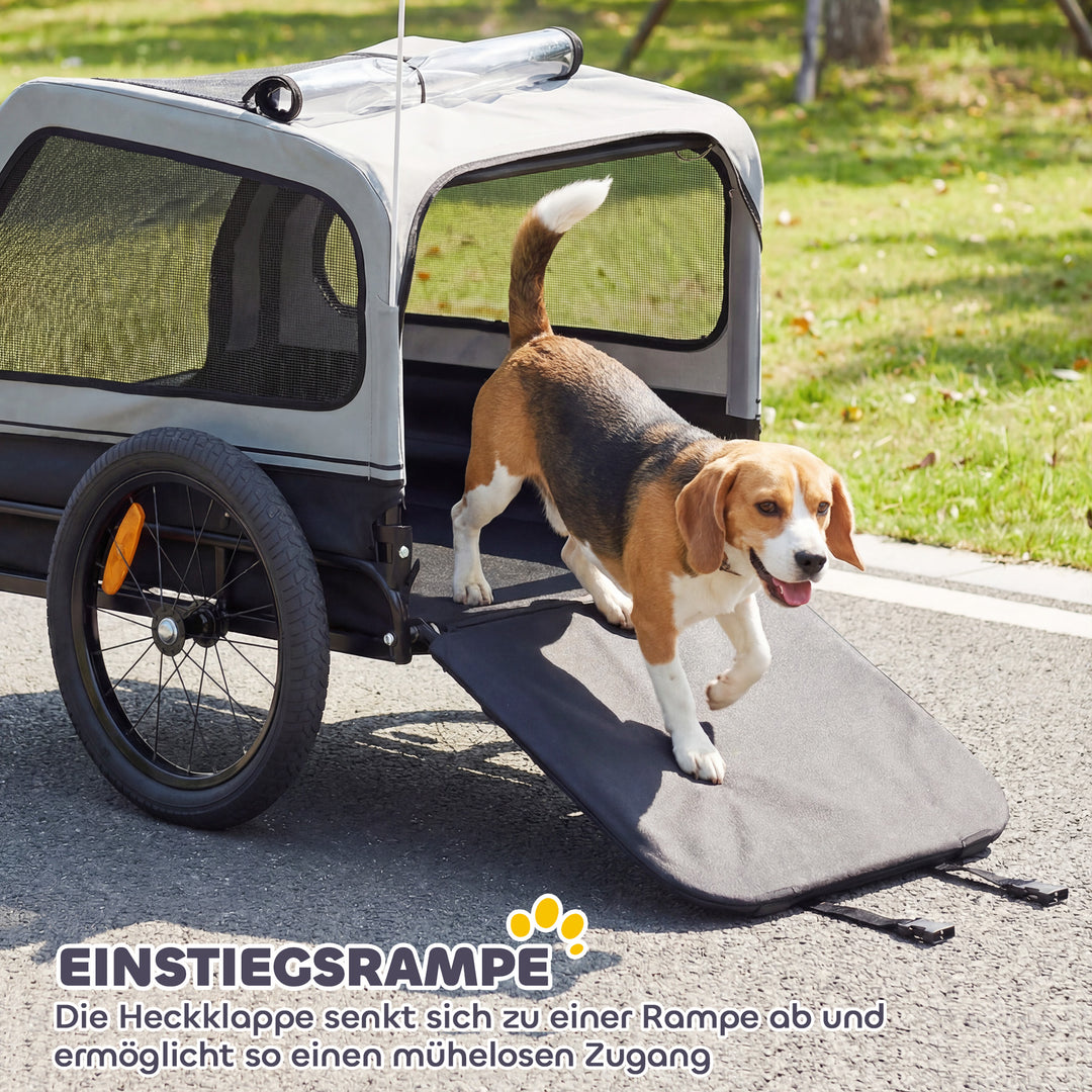 Sammenklappelig cykeltrailer til mellemstore hunde op til 20 kg med nedklappelig rampe, reflekser, snor, flag, grå.