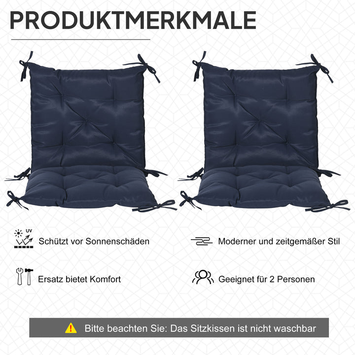 Sæt med 2 siddehynder, 98 x 50 cm stolehynder med bånd, stofbetræk, 8 cm tykke, mørkeblå