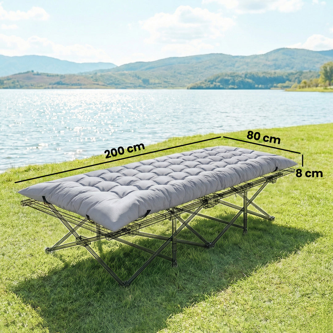 Campingmåtte, foldbar, 8 cm tyk campingmadras med skridsikkert betræk og stropper til camping, 200 x 80 cm, lysegrå