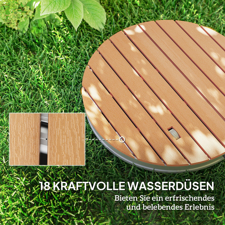 Bærbart udendørs brusesæt med justerbar fontæne, aluminiumsbase, uv- og frostbestandig, naturlig træfinish