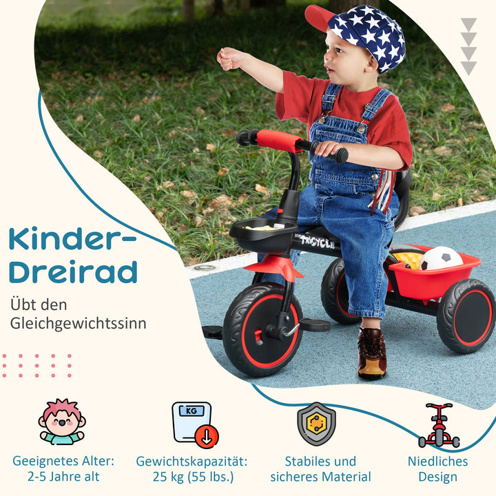 Børnetrecykel med hoftesele, 2 kurve, højdejusterbart sæde, metalstel, til børn 2-5 år, sort+rød