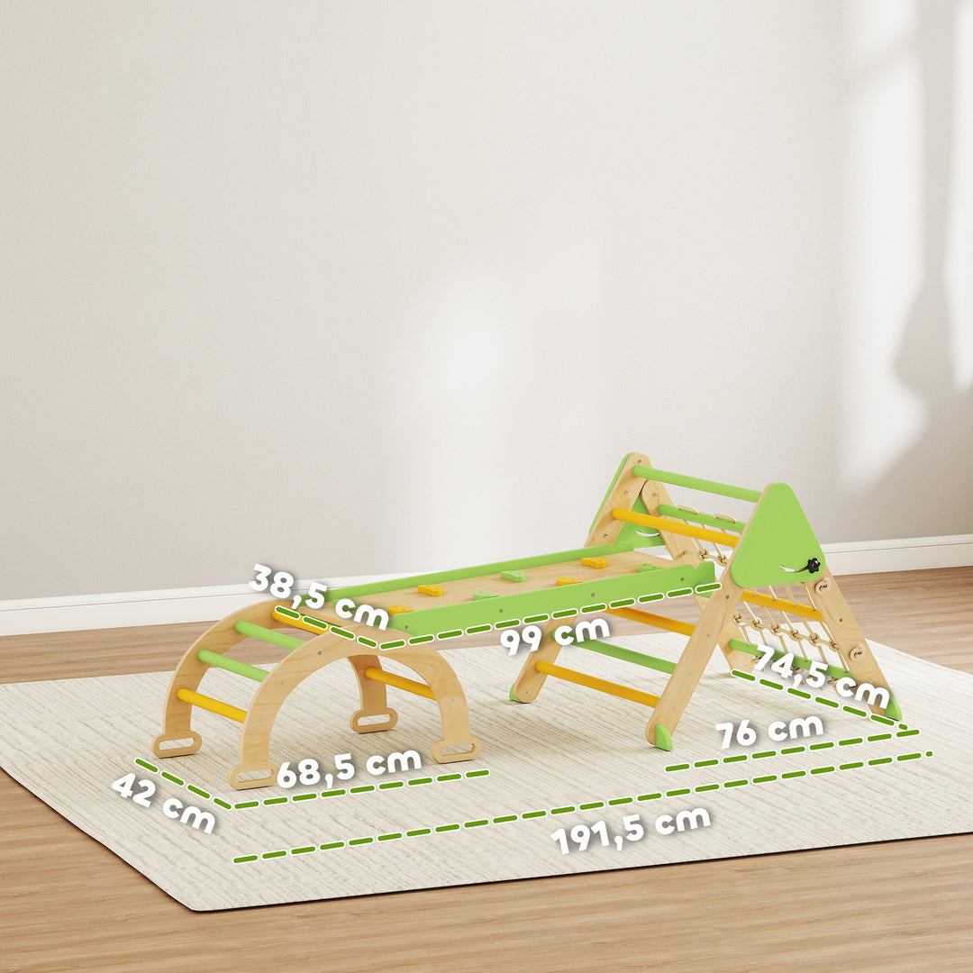 8-i-1 Montessori indendørs klatrestativ, træklatretrekant med klatrebue, dobbeltsidet rutsjebane, grøn
