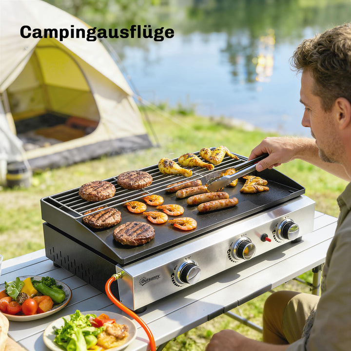 Gasgrill 7,5 KW Bærbar bordgrill med 3 brændere Keramisk belægning Grillrist Varmeplade
