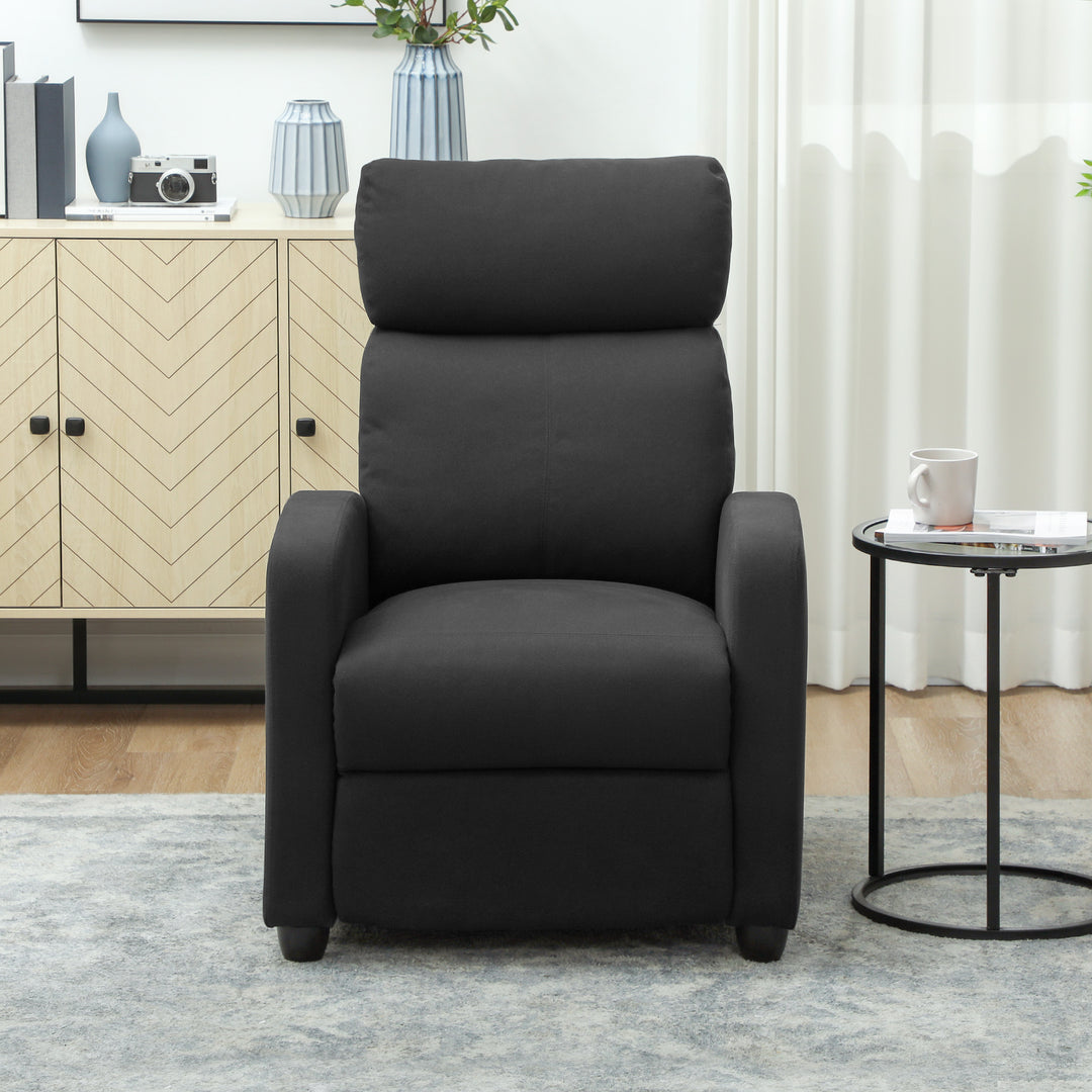 Lænestol, justerbar 135°, udtrækkelig fodstøtte, polstrede armlæn, hør-polyester, sort