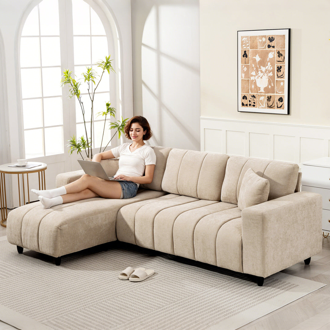 L-formet hjørnesofa med fleksibel chaiselong, 3-personers sofa med 2 hynder, metalstel, til stue, beige
