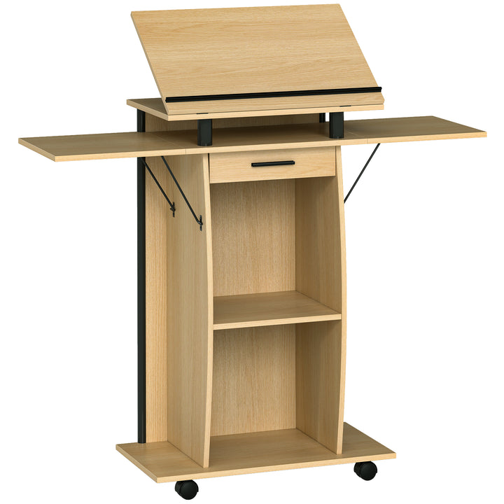 Rullende podiumstativ, talerpult med foldbare sidevinger, laptopbord med skuffe og hylder, egetræslook