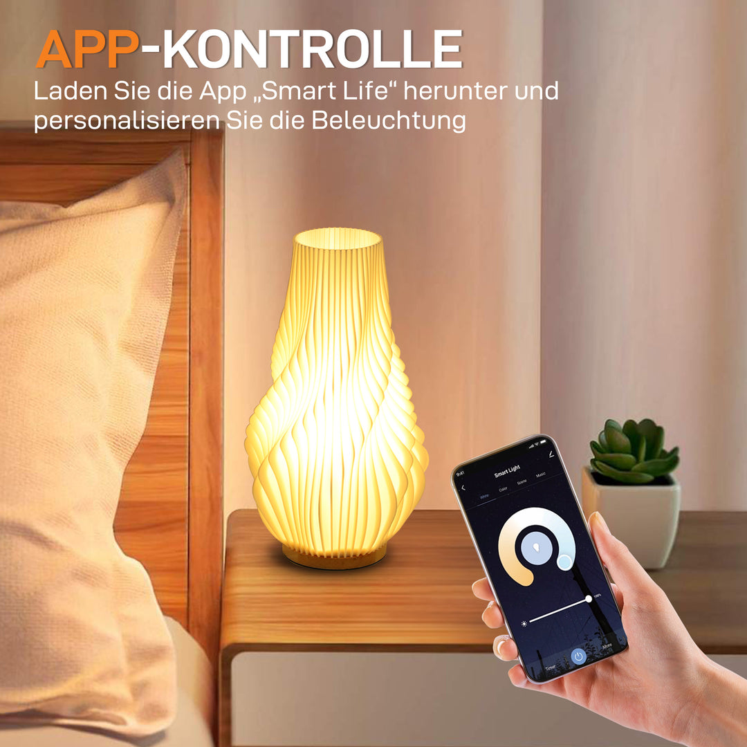 Smart bordlampe med app-styring, alexa-kompatibel, plastik, træ, hvid