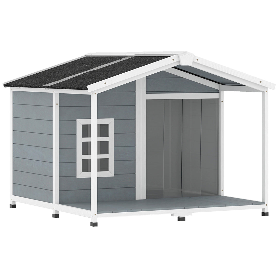 Vejrbestandigt hævet træhundehus med asfalttag og terrasse, til mellemstore hunde, 103x107x83,5cm, grå