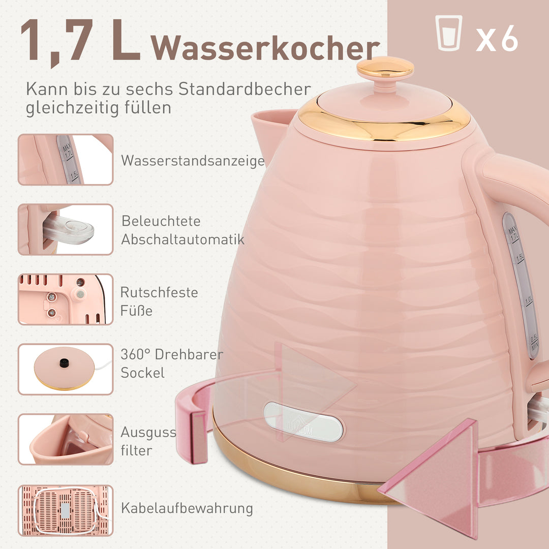 2-i-1 brødrister- og elkedelsæt, 7 bruningsniveauer, optønings- og genopvarmningsfunktion, lyserød