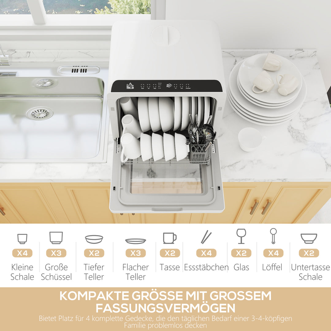 Mini opvaskemaskine med 6-liters tank, 5 programmer, led-display, tørrefunktion, hvid