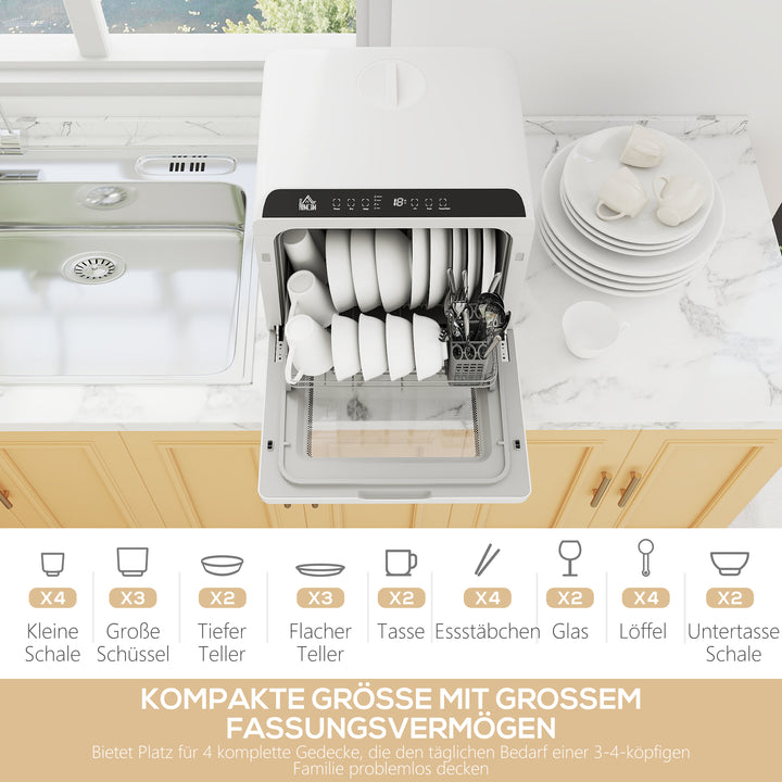 Mini opvaskemaskine med 6-liters tank, 5 programmer, led-display, tørrefunktion, hvid