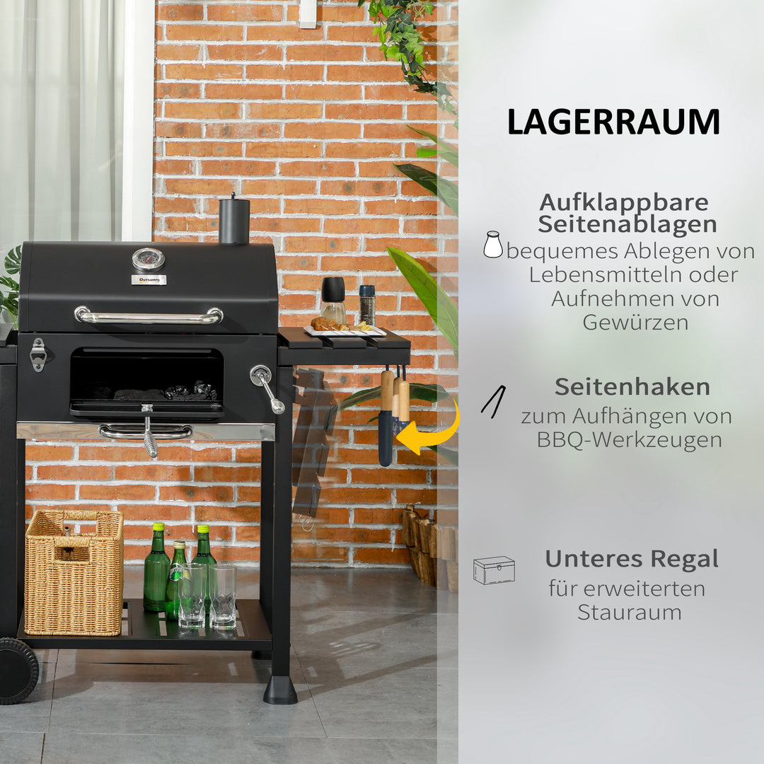 Trækulsgrill med rygeovn, inklusive termometer og flaskeåbner, 120 x 64 x 114 cm, sort