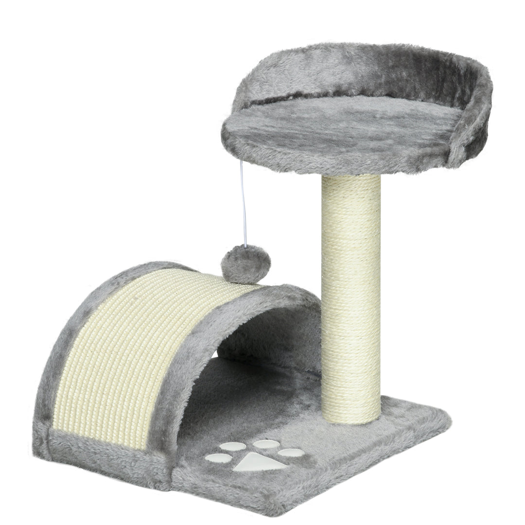 Kradsetræ 46 cm Lille kattetårn med hule, legebold, sisalreb, hævet platform, kradsetræ til katte, klatretræ, til katte op til 4 kg, grå