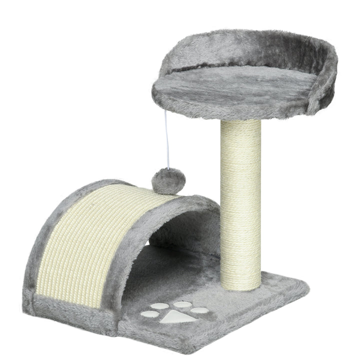 Kradsetræ 46 cm Lille kattetårn med hule, legebold, sisalreb, hævet platform, kradsetræ til katte, klatretræ, til katte op til 4 kg, grå