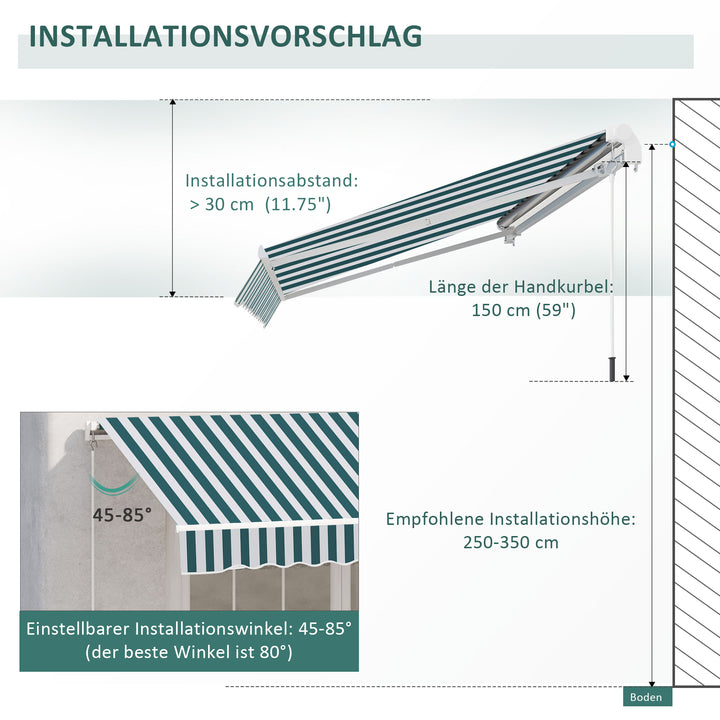 Markise, solsejl, udtrækkelig, med håndsving, metalramme, polyester, hvid+grøn, 3,95 x 2,45 m