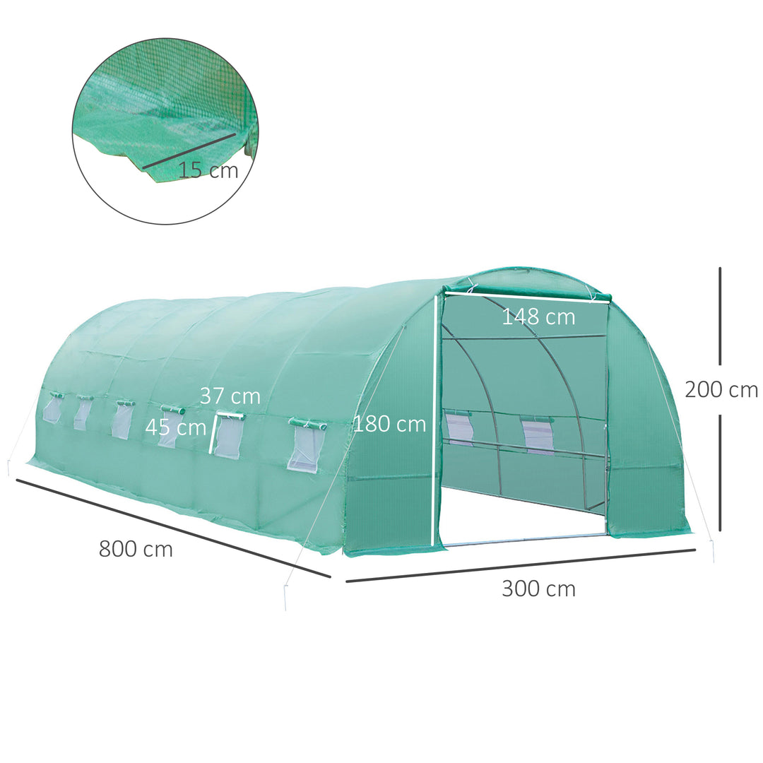 Drivhus 800x300x200cm plastdrivhus tomathus med dør, 12 vinduer, galvaniseret stålfilmtunnel, pe, stabil drivhusplantetunnel, inklusive jordankre og reb, grøn