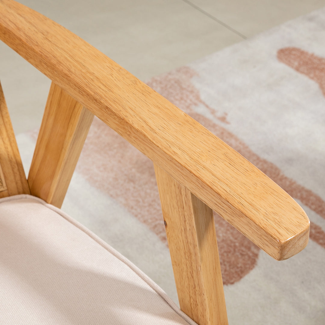 Eksotisk polstret stol, gummitræ, sædehynde med hørlook, 63l x 69b x 78h cm, cremehvid
