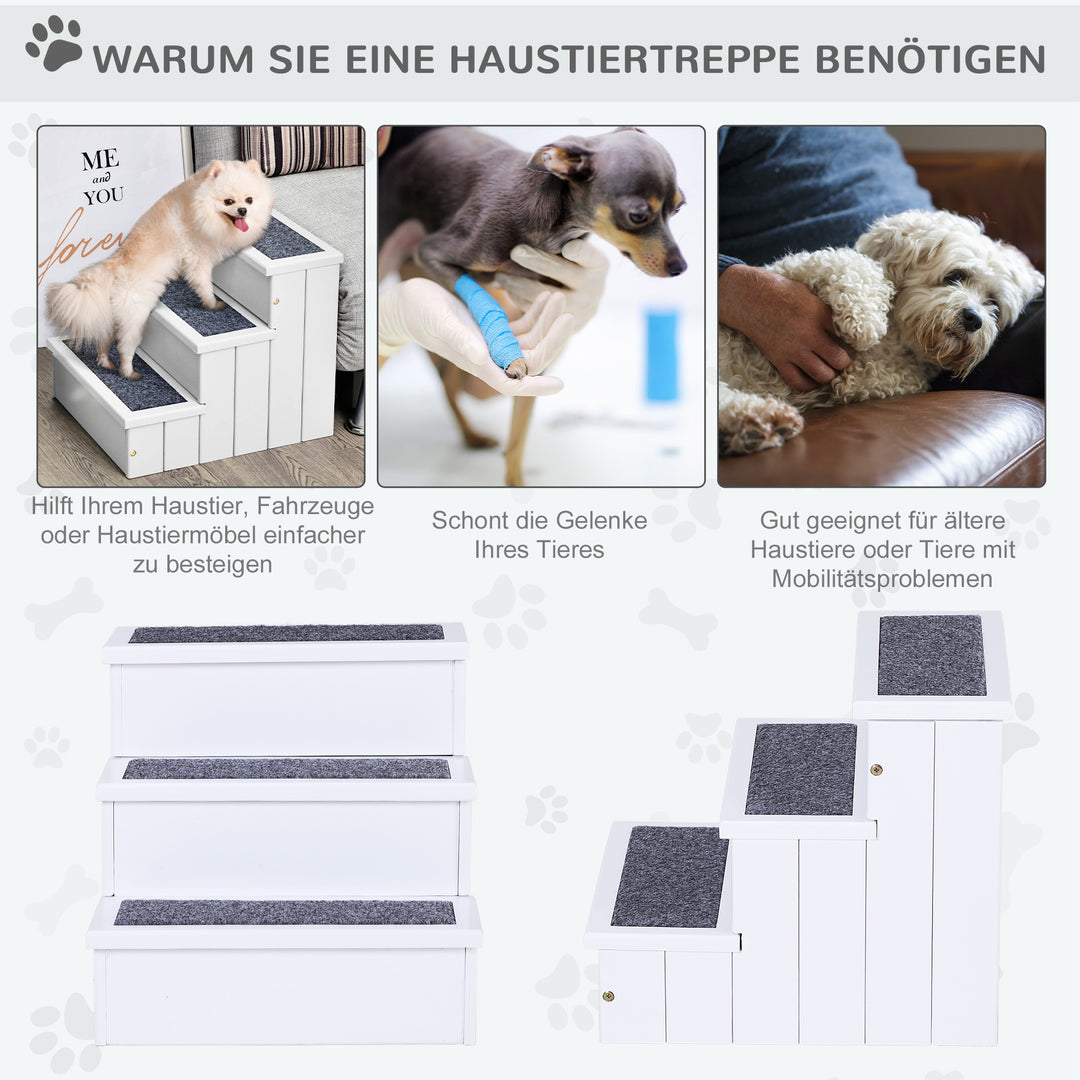 Hundetrappe, 3 trin, kattetrappe, kæledyrstrappe, hundetrappe til hunde og katte, kæledyrstrappe, indgangshjælp med tæppe, opbevaringsplads til sofa/seng, fyrretræ, hvid, 40,5 x 44,5 x 38 cm