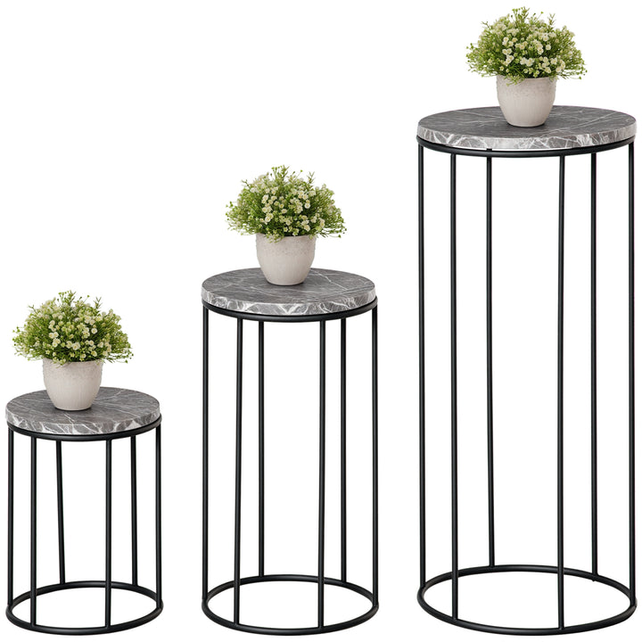 Sæt med 3 metalblomsterstativer, plantestativer i marmorlook, stabelbare blomsterpotteholdere, sort og grå