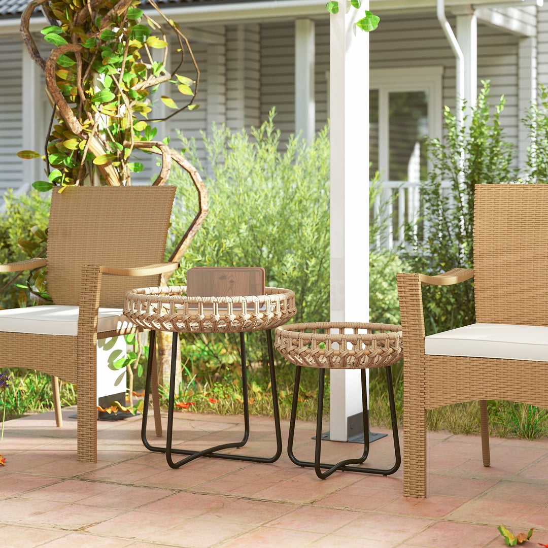 Sæt med 2 sideborde i polyrattan 60/41 cm rundt, vejrbestandigt havebord med x-ben, justerbare fodpuder, brun