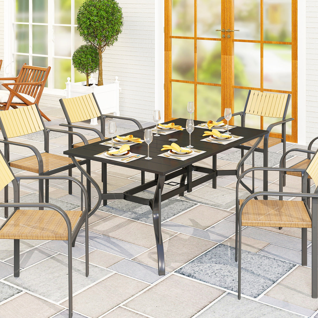 Havebord stål 150x90 cm vejrbestandigt balkonbord med parasolhul, lameldesign til 6 personer sort