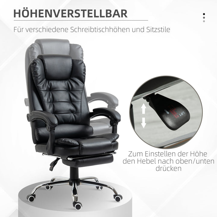 Kontorstol med fodstøtte, skrivebordsstol, justerbar ryglæn, højdejusterbar, sort