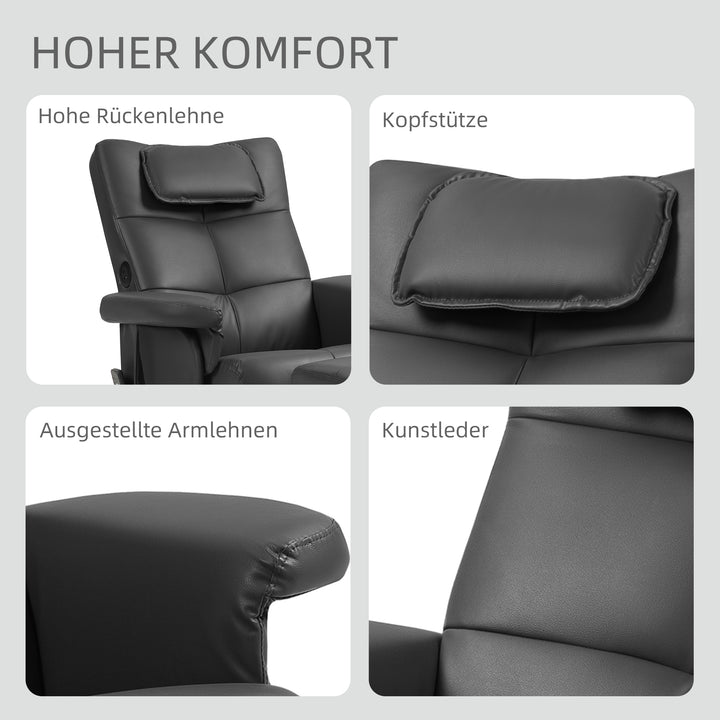 Massagestol med skammel, justerbar ryglæn, usb-opladeport, læderlook, op til 150 kg, sort