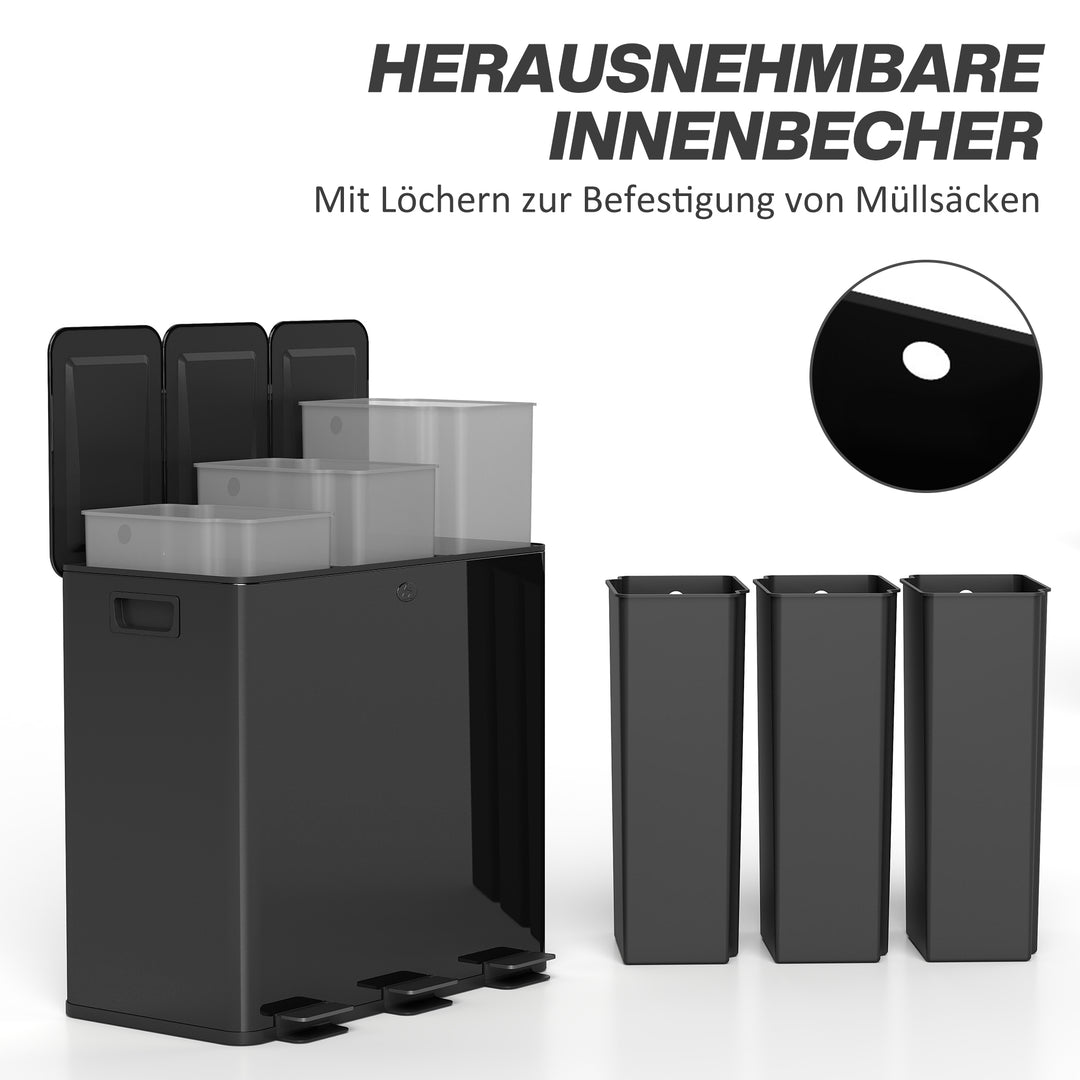 Skraldespand med 3 x 20 L rum, deodorantlåg, fingeraftrykssikker, softclose, aftagelig, sort