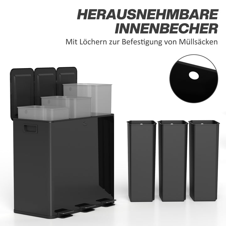 Skraldespand med 3 x 20 L rum, deodorantlåg, fingeraftrykssikker, softclose, aftagelig, sort