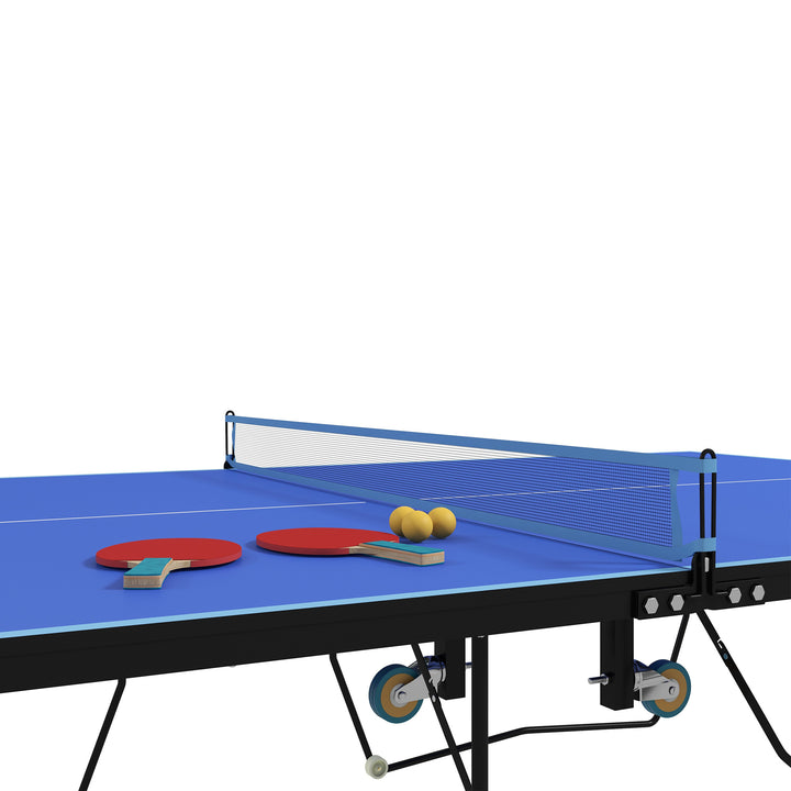 Bordtennisbord, foldbart, 8 hjul, pulverlakeret stålramme, mdf, 274 x 152,5 x 76 cm, blå