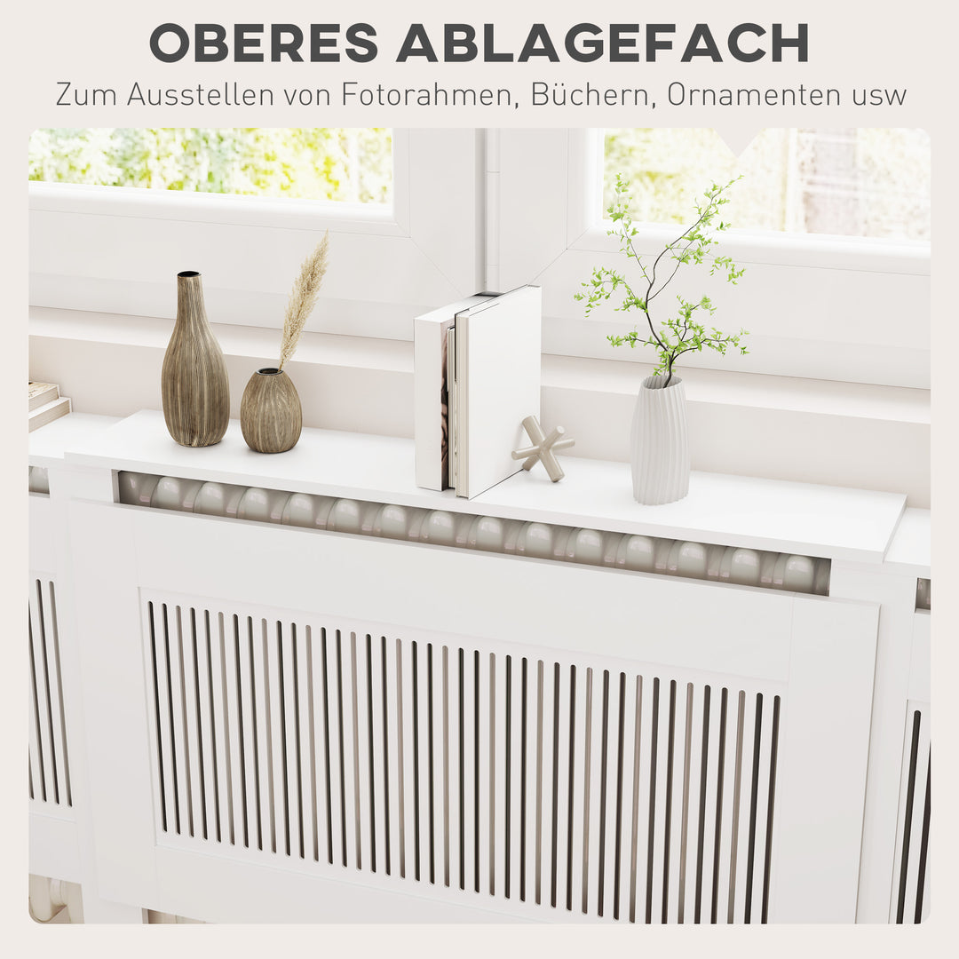 Radiatordæksel lameldesign justerbar længde 125-201cm mdf hvid
